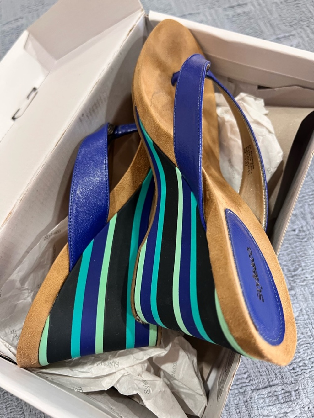 Style & Co. Blue Strappy Wedge Sandals with Teal & Black Stripes
